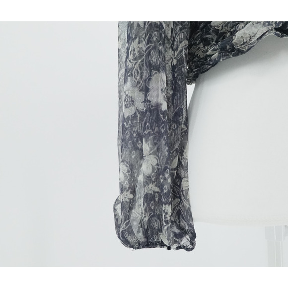 Free People Crop Top Blue Sheer Floral Puff Sleeve Cottagecore Boho Size Large - Picture 9 of 13